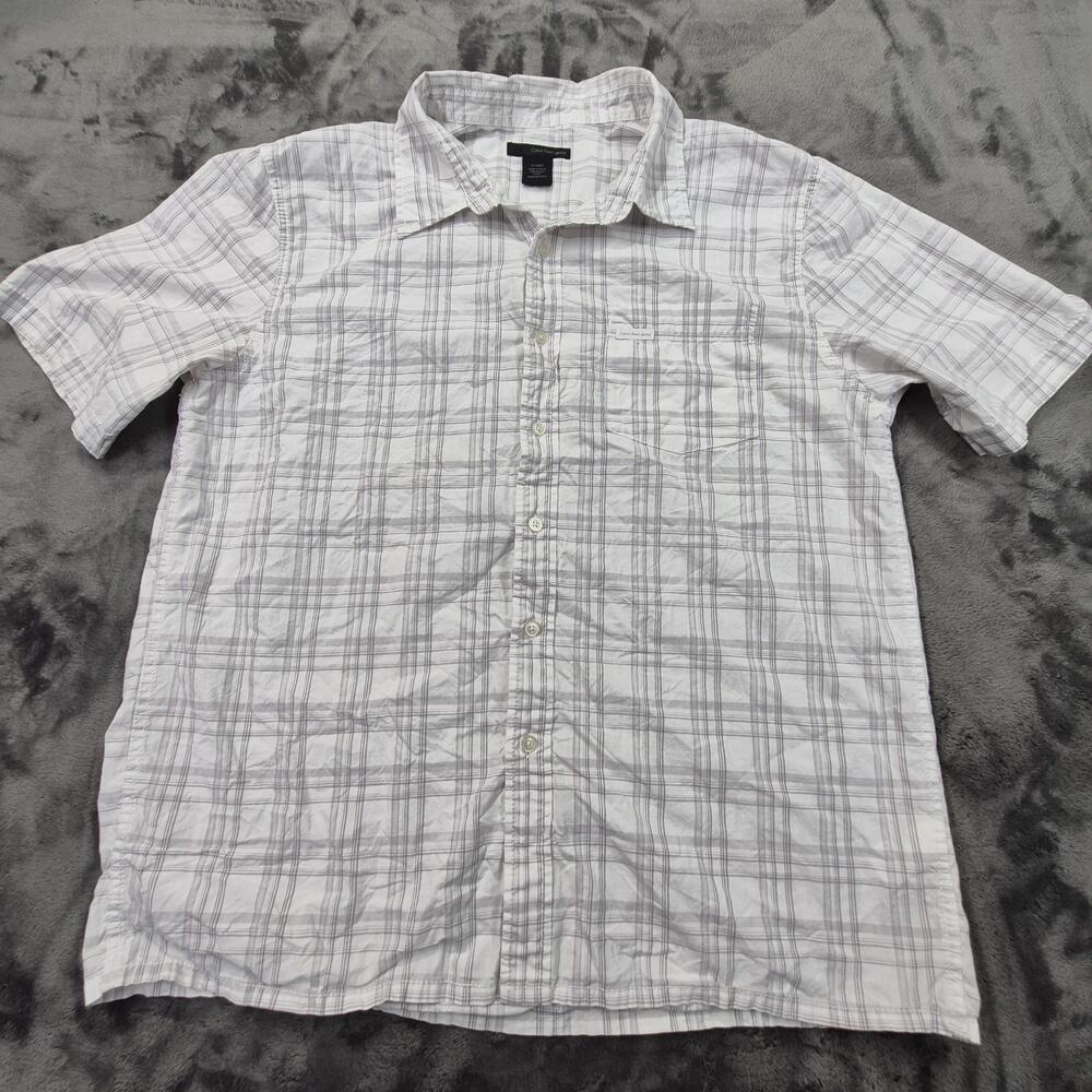 Calvin Klein Jeans Shirt Mens XL White Gray Plaid Short Sleeve Button Front
